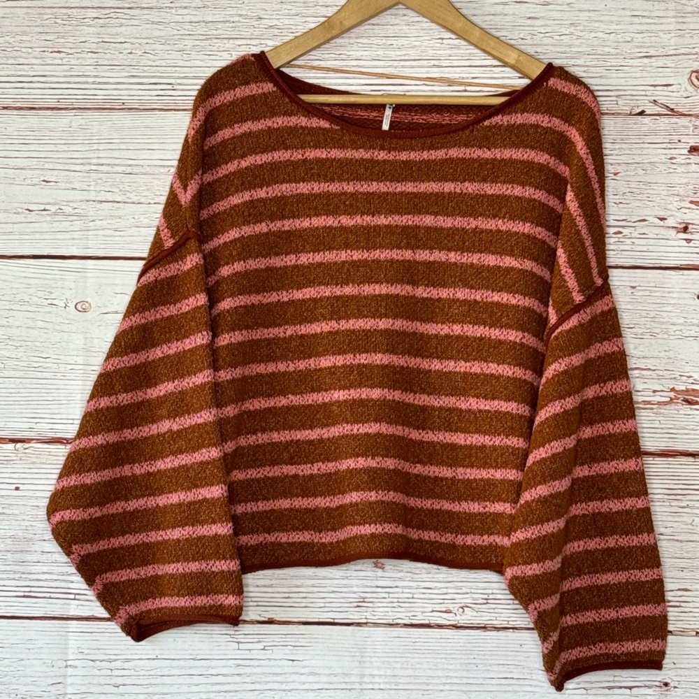 Free People Bardot Slouchy Sweater in Cedar Flower Combo Stripe Sz S - Picture 5 of 14